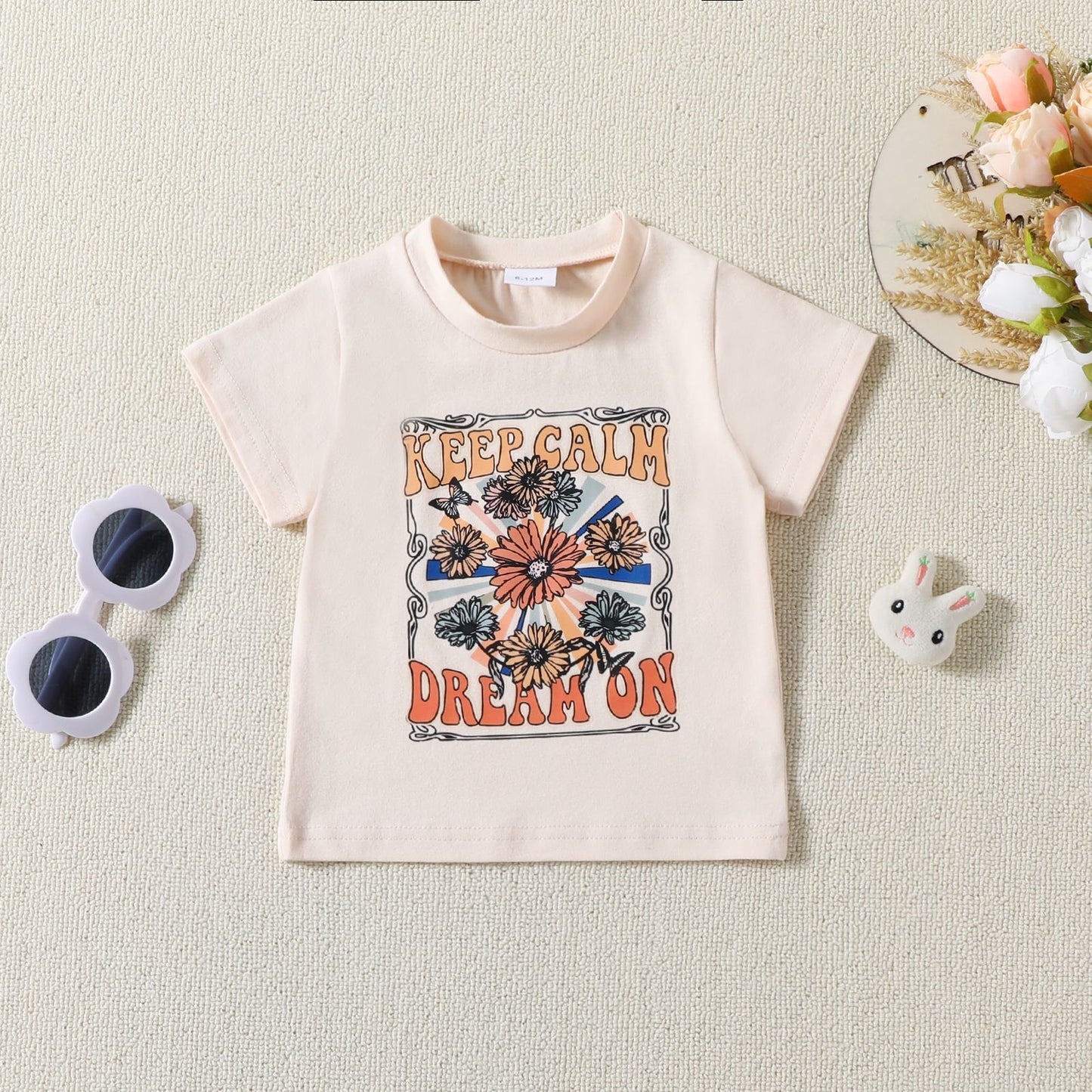 New Children's Flower Print Short Sleeve Bell-bottom Pants Summer Suit