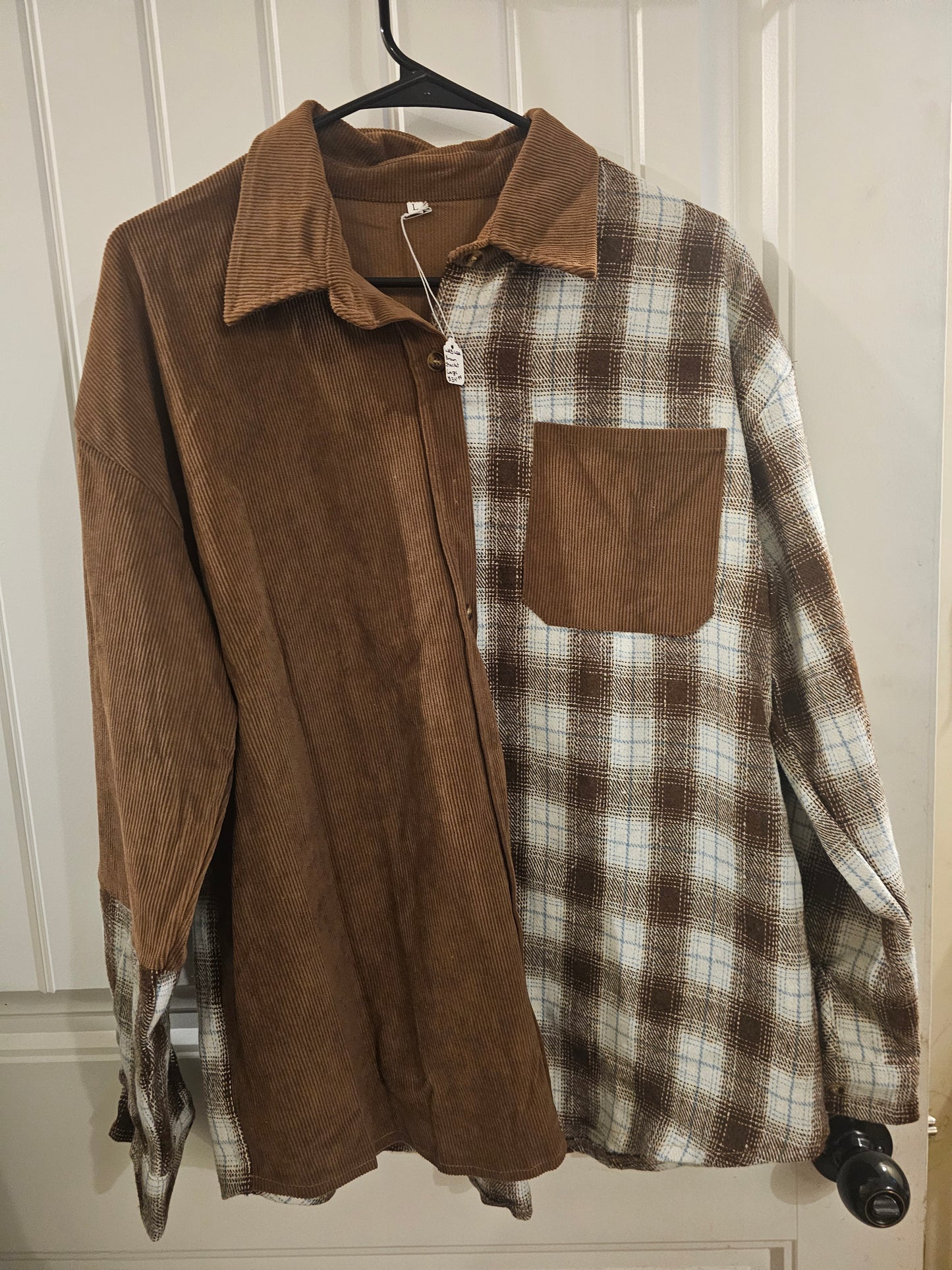 Brown corduroy and plaid shacket