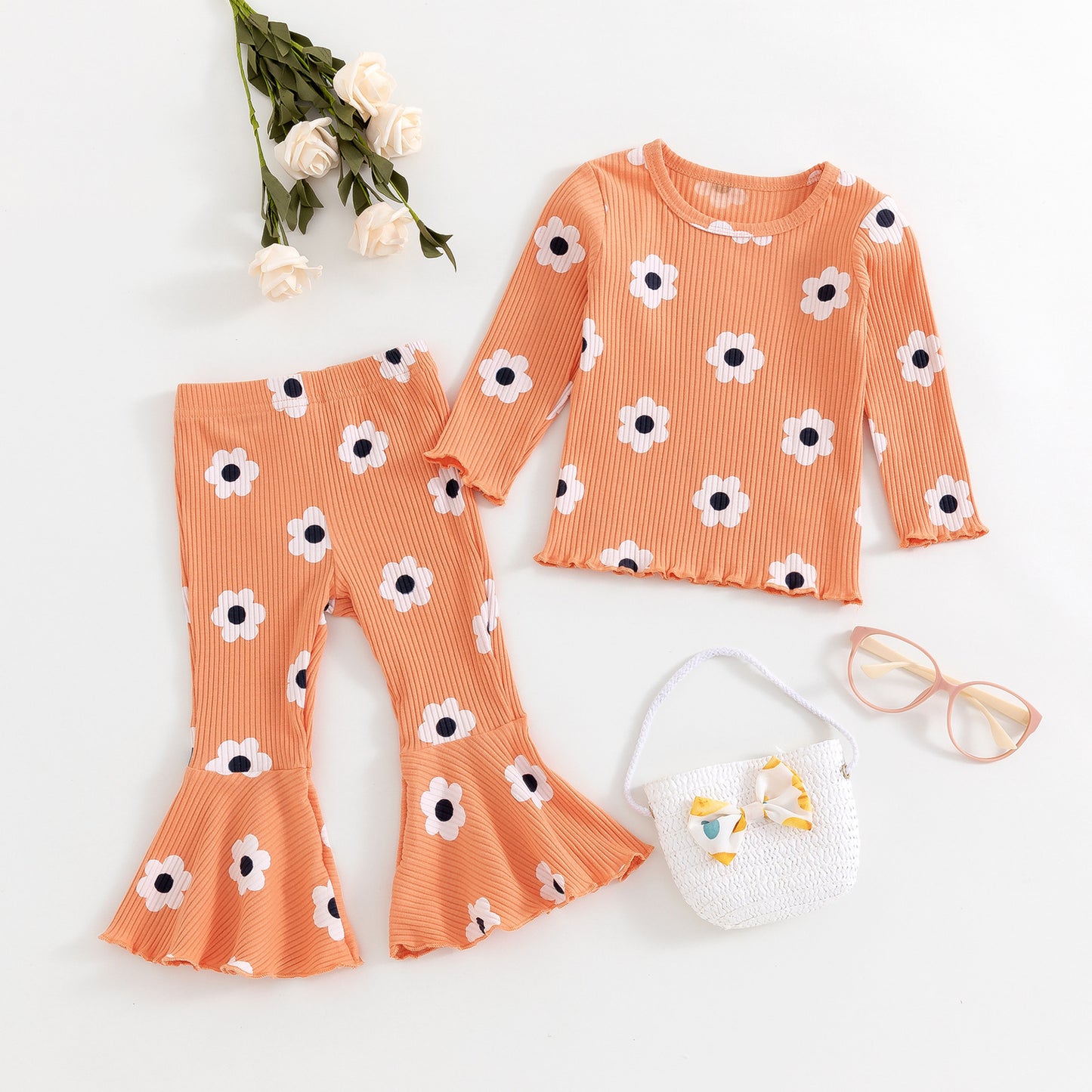 Girls' Small Sunflower Sunken Stripe Long Sleeve Round-neck Shirt Bell-bottom Pants Two-piece Set