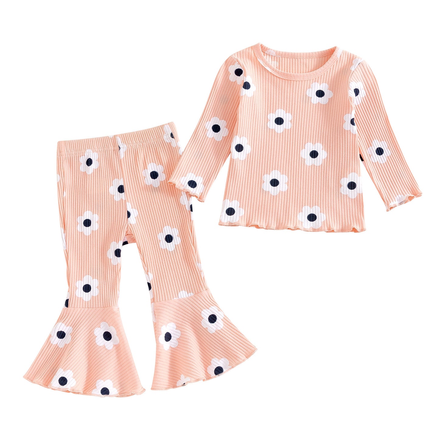 Girls' Small Sunflower Sunken Stripe Long Sleeve Round-neck Shirt Bell-bottom Pants Two-piece Set