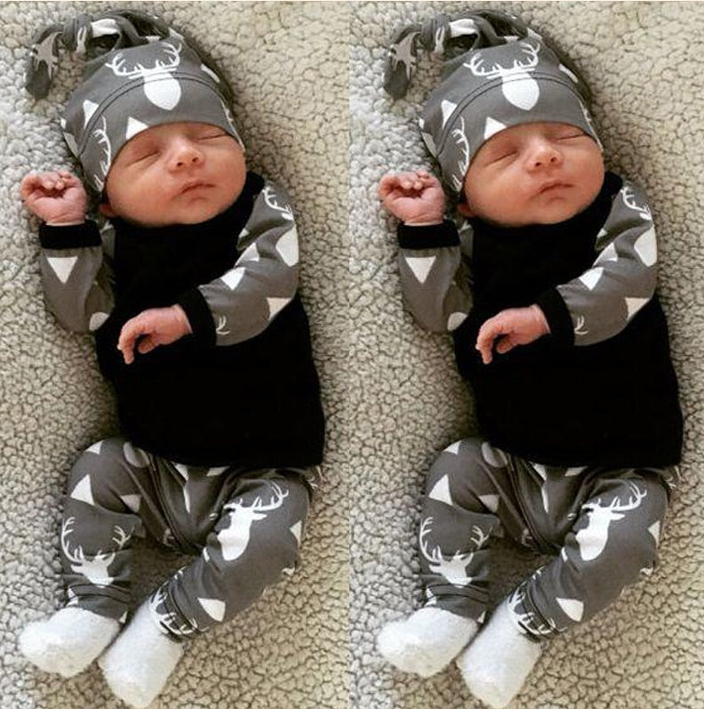 Autumn Cute Newborn Baby Girl Boy Clothes Deer Tops T Shirt Long Sleeve Pants Casual Hat 3pcs Outfits Set Autumn
