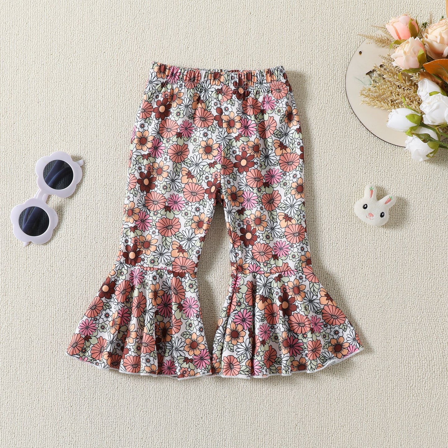 New Children's Flower Print Short Sleeve Bell-bottom Pants Summer Suit