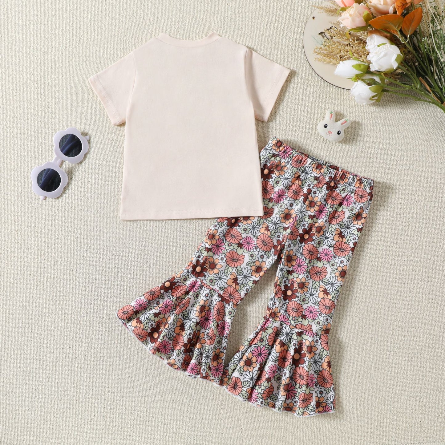 New Children's Flower Print Short Sleeve Bell-bottom Pants Summer Suit