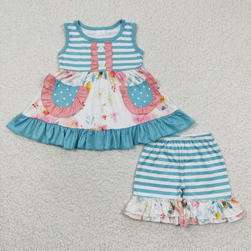Pink and blue ruffle short set