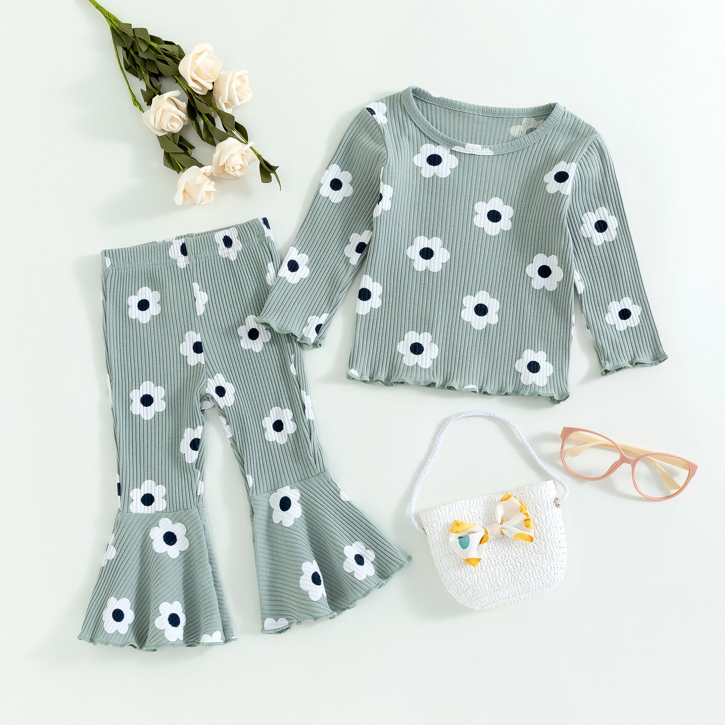 Girls' Small Sunflower Sunken Stripe Long Sleeve Round-neck Shirt Bell-bottom Pants Two-piece Set