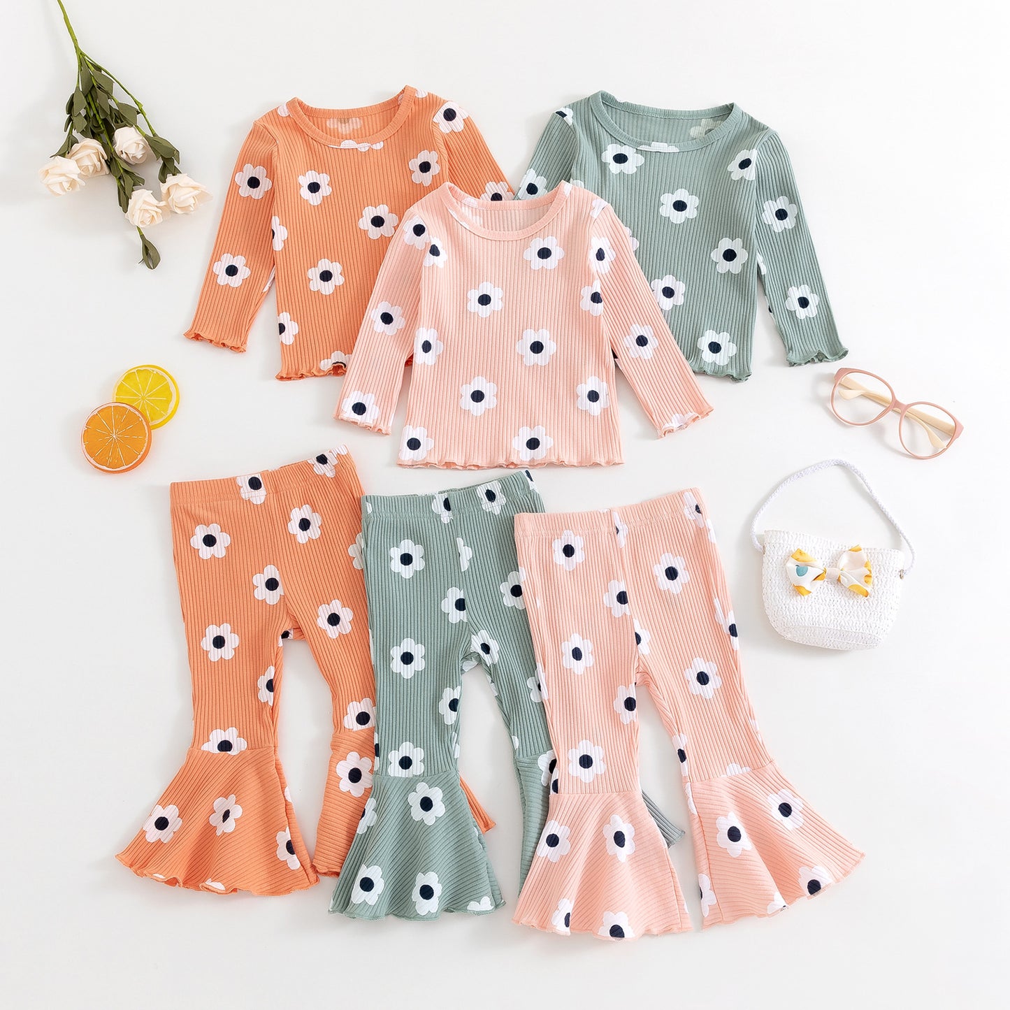 Girls' Small Sunflower Sunken Stripe Long Sleeve Round-neck Shirt Bell-bottom Pants Two-piece Set