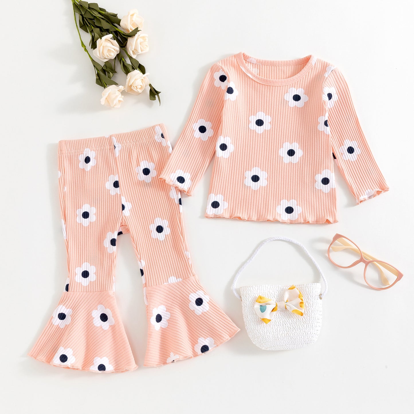 Girls' Small Sunflower Sunken Stripe Long Sleeve Round-neck Shirt Bell-bottom Pants Two-piece Set