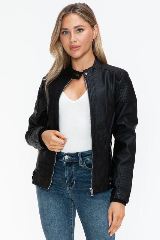 Snobbish Faux Leather Biker Jacket with Side Zip Pockets