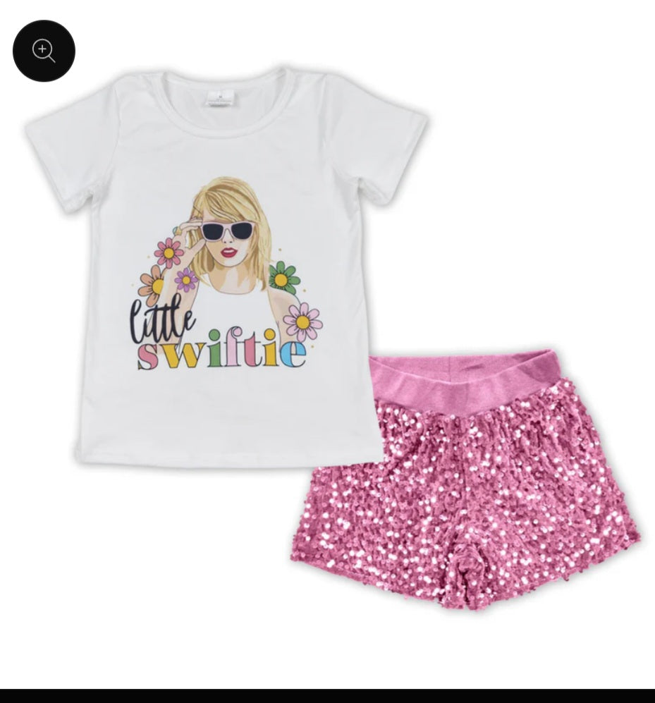 Little Swiftie with pink sequin shorts