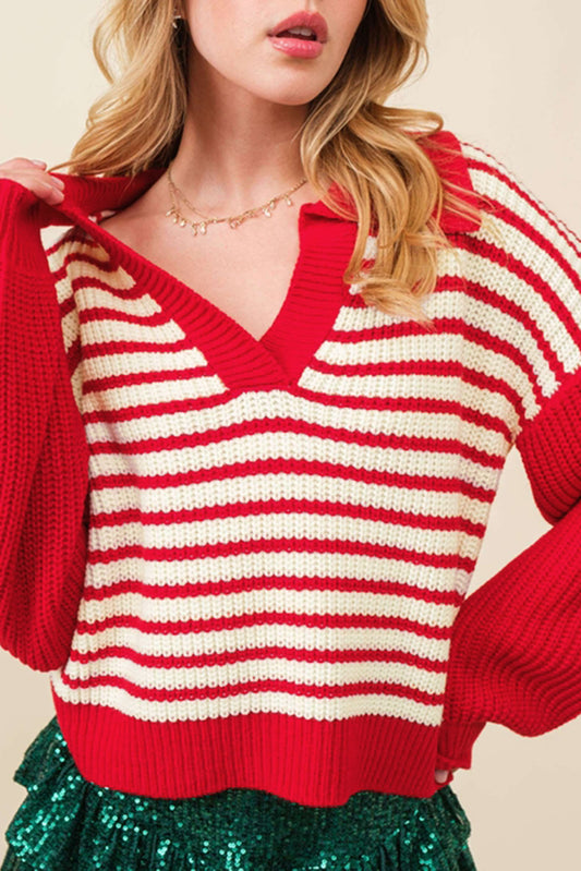 Striped Johnny Collar Long Sleeve Sweater